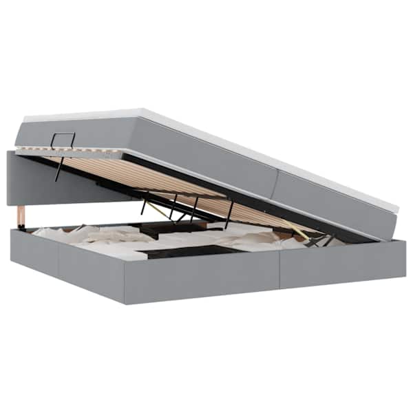 LED-valgustusega voodiraam peatsiga koos 2 madratsiga, helehall, 200 × 200 cm, kangas — mudel 3371103