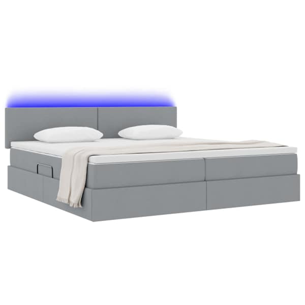 LED-valgustusega voodiraam peatsiga koos 2 madratsiga, helehall, 200 × 200 cm, kangas — mudel 3371103