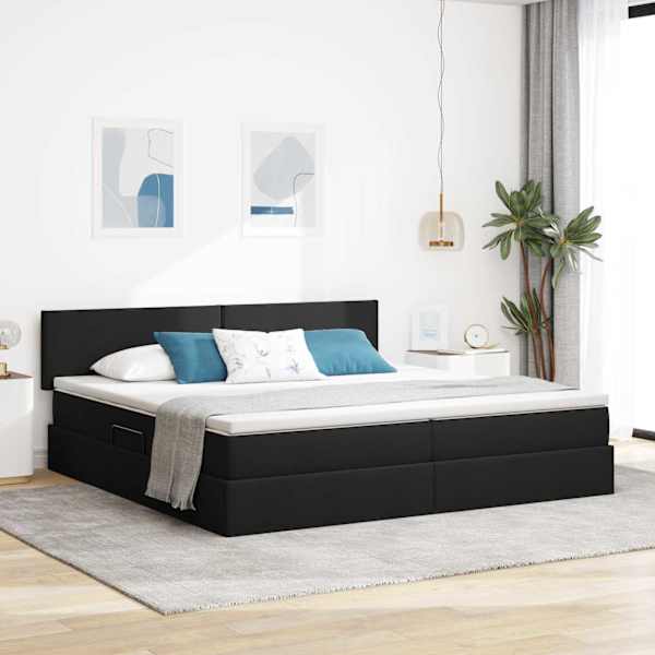 LED-valgustusega voodiraam peatsiga koos 2 madratsiga, must, 200 × 200 cm, kangas — mudel 3371105