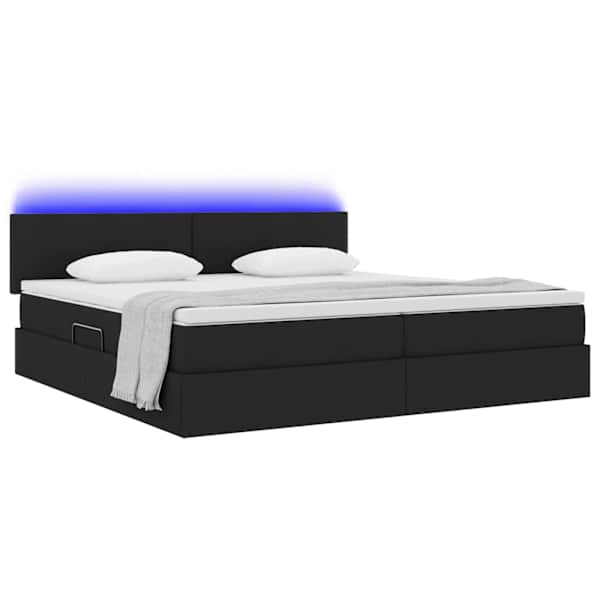 LED-valgustusega voodiraam peatsiga koos 2 madratsiga, must, 200 × 200 cm, kangas — mudel 3371105