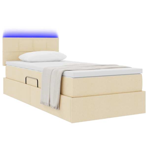 LED-valgustusega voodiraam peatsiga koos madratsiga, kreem, 90 × 200 cm, kangas — mudel 3371122