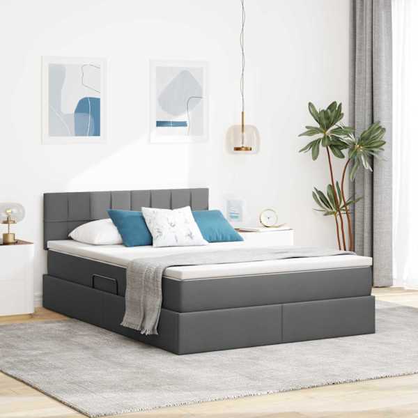 LED-valgustusega voodiraam peatsiga koos madratsiga, tumehall, 140 × 200 cm, kangas — mudel 3371149