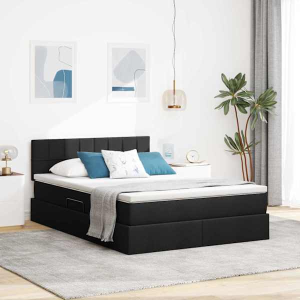 LED-valgustusega voodiraam peatsiga koos madratsiga, must, 140 × 200 cm, kangas — mudel 3371150