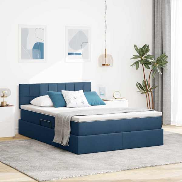LED-valgustusega voodiraam peatsiga koos madratsiga, sinine, 140 × 200 cm, kangas — mudel 3371153