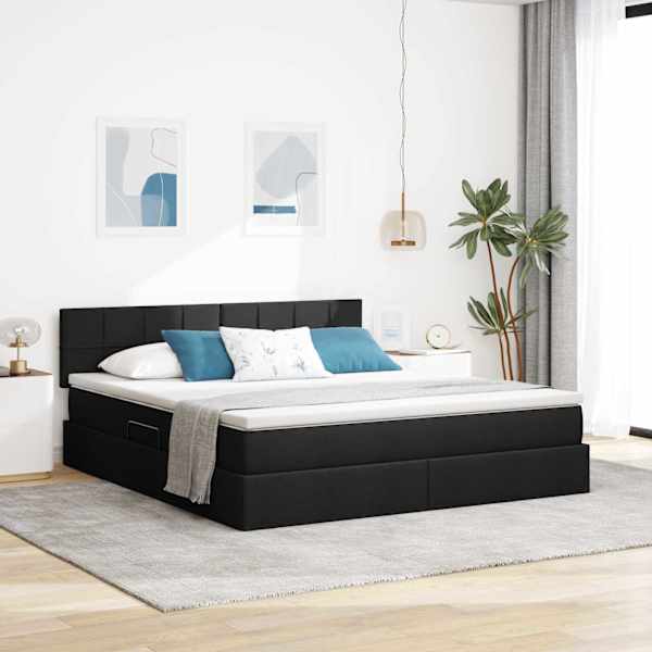 LED-valgustusega voodiraam peatsiga koos madratsiga, must, 160 × 200 cm, kangas — mudel 3371156