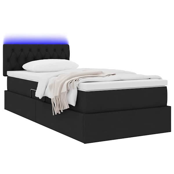 LED-valgustusega voodiraam peatsiga koos madratsiga, must, 90 × 190 cm, kangas