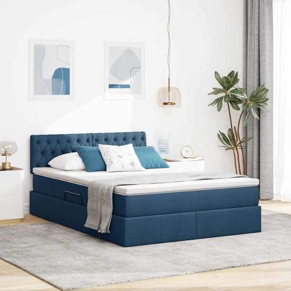 LED-valgustusega voodiraam peatsiga koos madratsiga, sinine, 140 × 190 cm, kangas — mudel 3371210