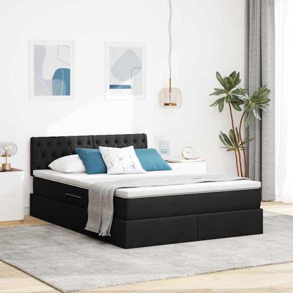LED-valgustusega voodiraam peatsiga koos madratsiga, must, 140 × 200 cm, kangas — mudel 3371213