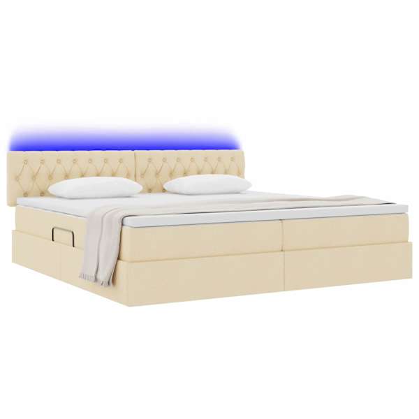 LED-valgustusega voodiraam peatsiga koos 2 madratsiga, kreem, 200 × 200 cm, kangas — mudel 3371233