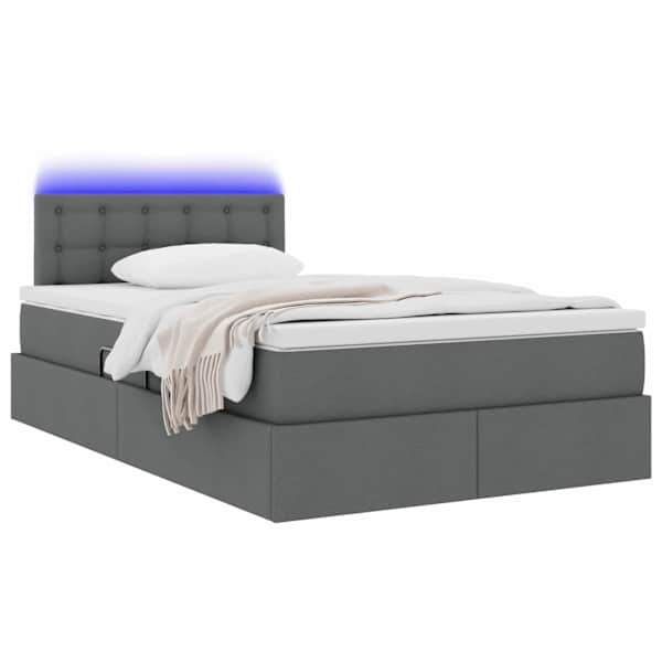 LED-valgustusega voodiraam peatsiga koos madratsiga, tumehall, 120 × 200 cm, kangas — mudel 3371263