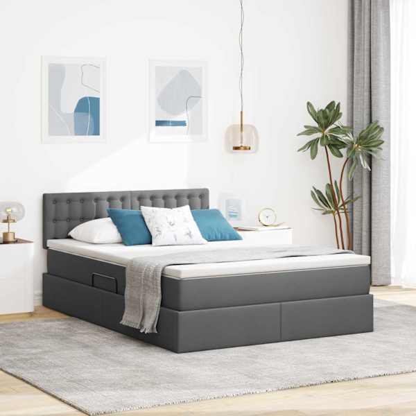 LED-valgustusega voodiraam peatsiga koos madratsiga, tumehall, 140 × 190 cm, kangas — mudel 3371269