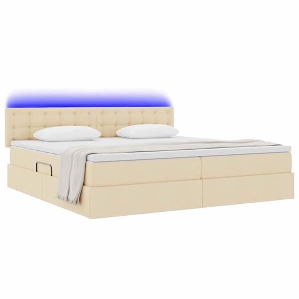 LED-valgustusega voodiraam peatsiga koos 2 madratsiga, kreem, 200 × 200 cm, kangas — mudel 3371296