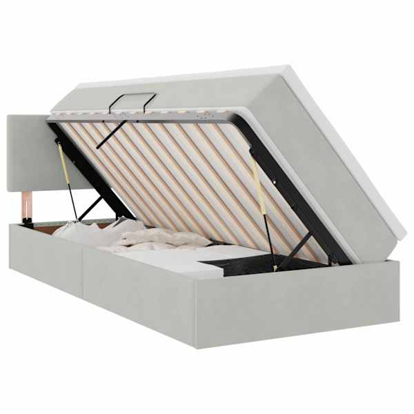 LED-valgustusega voodiraam peatsiga koos madratsiga, helehall, 90 × 190 cm, samet — mudel 3371301