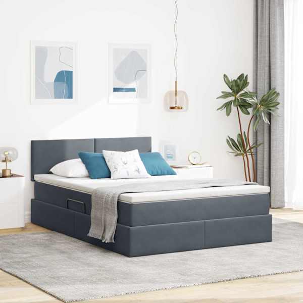 LED-valgustusega voodiraam peatsiga koos madratsiga, tumehall, 140 × 190 cm, samet — mudel 3371332