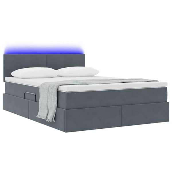 LED-valgustusega voodiraam peatsiga koos madratsiga, tumehall, 140 × 190 cm, samet — mudel 3371332