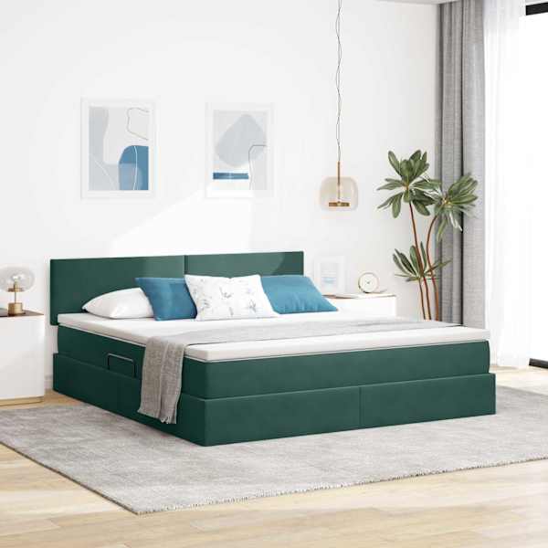 LED-valgustusega voodiraam peatsiga koos madratsiga, tumeroheline, 180 × 200 cm — mudel 3371352