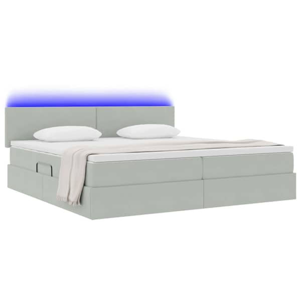 LED-valgustusega voodiraam peatsiga koos 2 madratsiga, helehall, 200 × 200 cm, samet — mudel 3371355