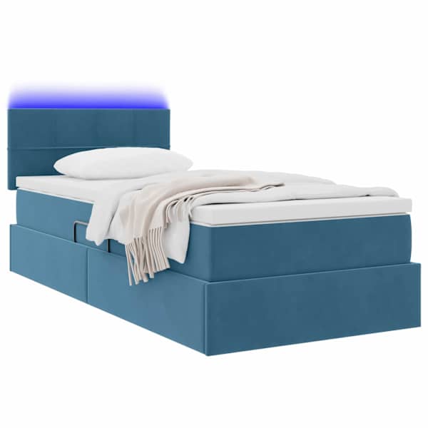 LED-valgustusega voodiraam peatsiga koos madratsiga, tumesinine, 90 × 190 cm, samet — mudel 3371365