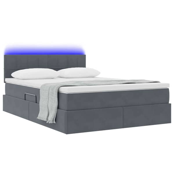 LED-valgustusega voodiraam peatsiga koos madratsiga, tumehall, 140 × 190 cm, samet — mudel 3371392