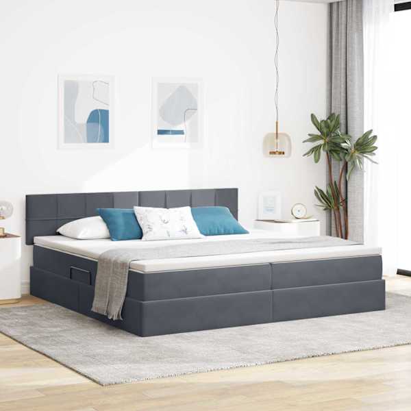 LED-valgustusega voodiraam peatsiga koos 2 madratsiga, tumehall, 200 × 200 cm, samet — mudel 3371416