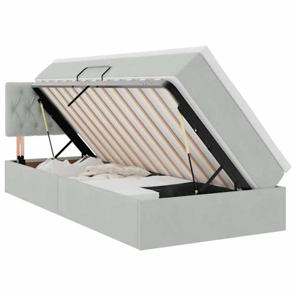 LED-valgustusega voodiraam peatsiga koos madratsiga, helehall, 90 × 200 cm, samet — mudel 3371427