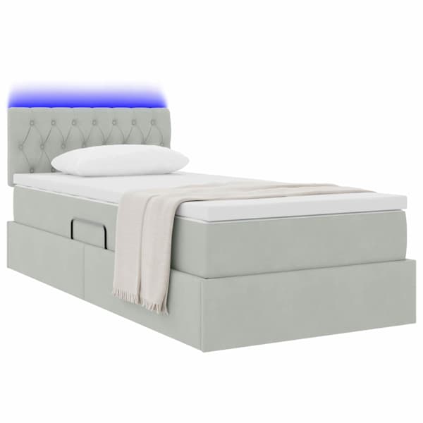 LED-valgustusega voodiraam peatsiga koos madratsiga, helehall, 90 × 200 cm, samet — mudel 3371427