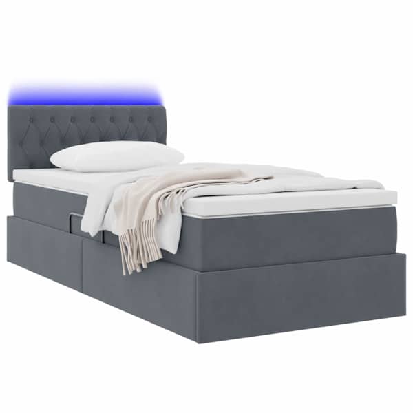 LED-valgustusega voodiraam peatsiga koos madratsiga, tumehall, 90 × 200 cm, samet — mudel 3371428