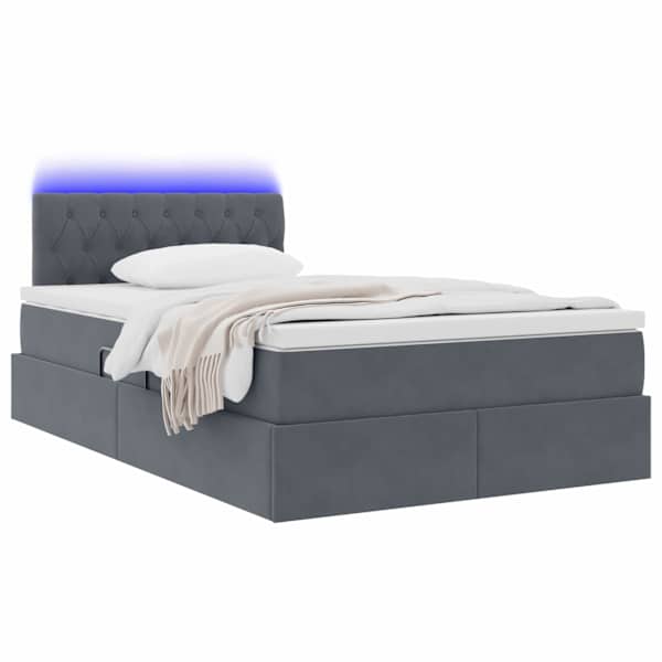 LED-valgustusega voodiraam peatsiga koos madratsiga, tumehall, 120 × 200 cm, samet — mudel 3371446
