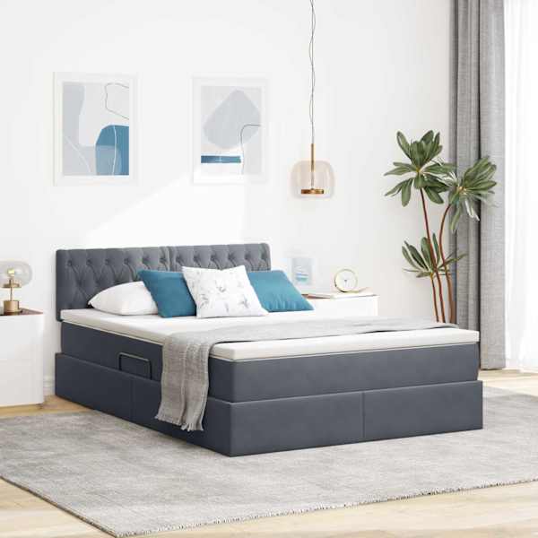 LED-valgustusega voodiraam peatsiga koos madratsiga, tumehall, 140 × 200 cm, samet — mudel 3371458