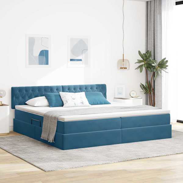LED-valgustusega voodiraam peatsiga koos 2 madratsiga, tumesinine, 200 × 200 cm, samet — mudel 3371479