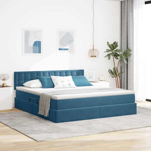 LED-valgustusega voodiraam peatsiga koos madratsiga, tumesinine, 180 × 200 cm, samet — mudel 3371533