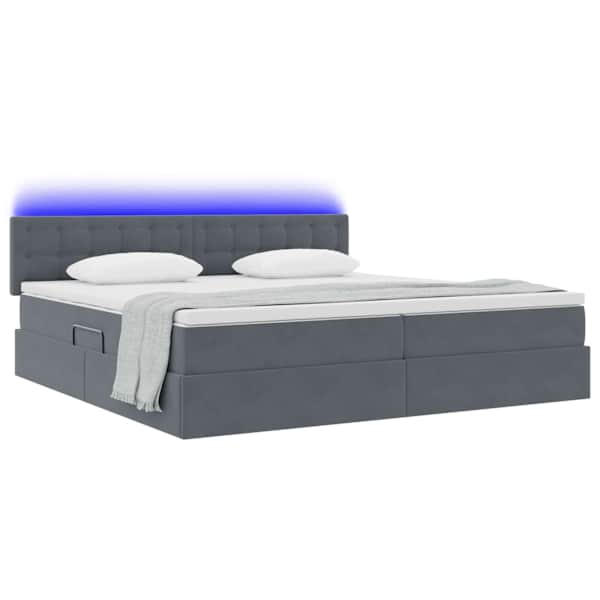 LED-valgustusega voodiraam peatsiga koos 2 madratsiga, tumehall, 200 × 200 cm, samet — mudel 3371536