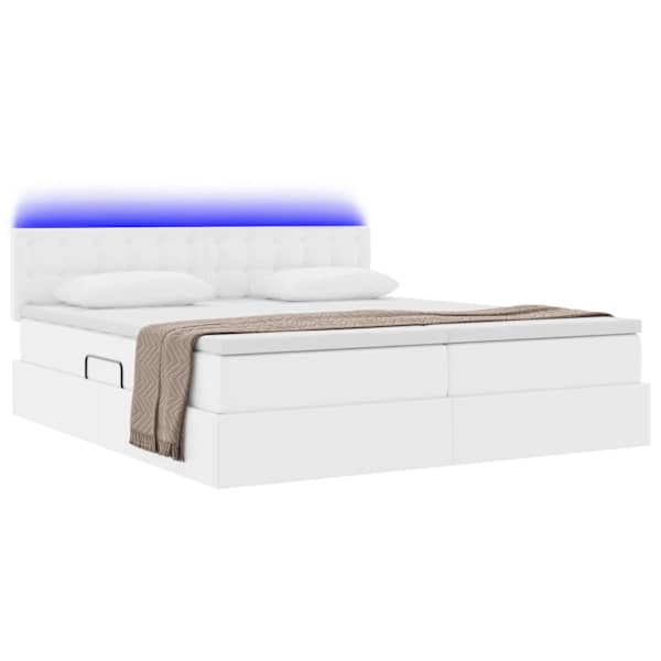 LED-valgustusega voodiraam peatsiga koos 2 madratsiga, 2 voodiraami, puhas valge, 200 × 200 cm, kunstnahk — mudel 3371546