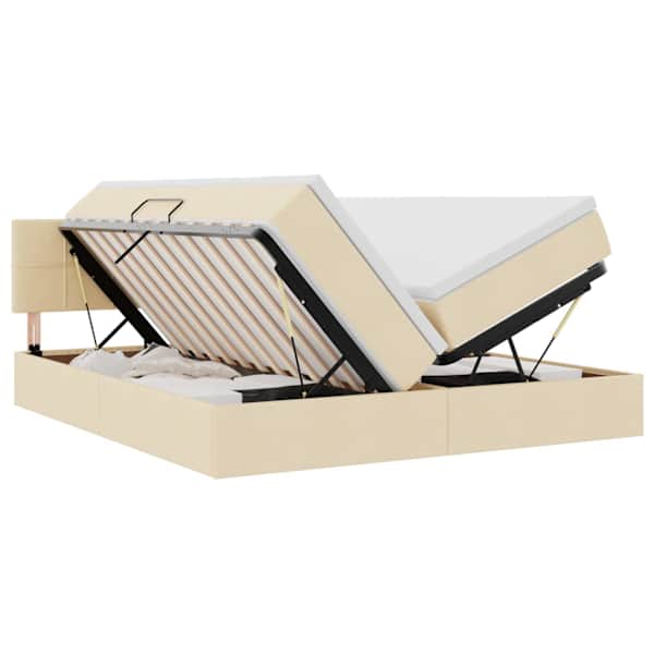 LED-valgustusega voodiraam peatsiga koos 2 madratsiga, 2 voodiraami, kreem, 200 × 200 cm, kangas — mudel 3371571