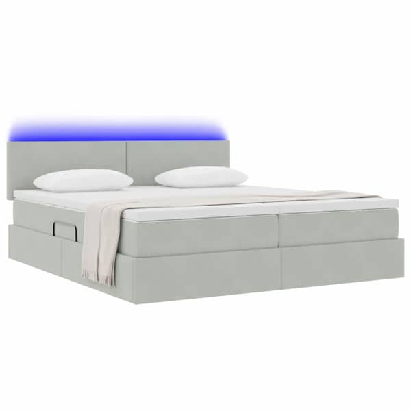 LED-valgustusega voodiraam peatsiga koos 2 madratsiga, 2 voodiraami, helehall, 200 × 200 cm, samet — mudel 3371603