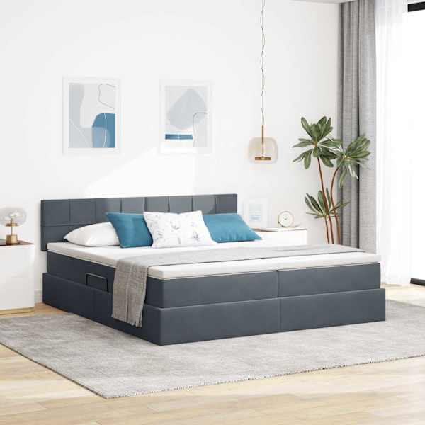 LED-valgustusega voodiraam peatsiga koos 2 madratsiga, 2 voodiraami, tumehall, 200 × 200 cm, samet — mudel 3371616