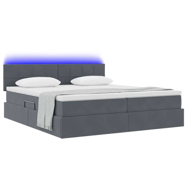 LED-valgustusega voodiraam peatsiga koos 2 madratsiga, 2 voodiraami, tumehall, 200 × 200 cm, samet — mudel 3371616