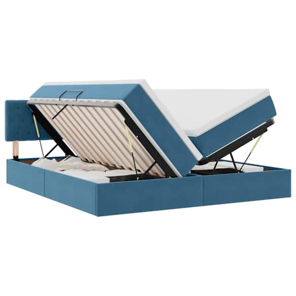 LED-valgustusega voodiraam peatsiga koos 2 madratsiga, 2 voodiraami, tumesinine, 200 × 200 cm, samet — mudel 3371631