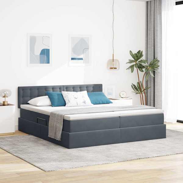 LED-valgustusega voodiraam peatsiga koos 2 madratsiga, 2 voodiraami, tumehall, 200 × 200 cm, samet — mudel 3371640