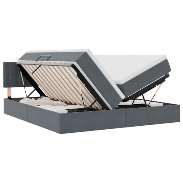 LED-valgustusega voodiraam peatsiga koos 2 madratsiga, 2 voodiraami, tumehall, 200 × 200 cm, samet — mudel 3371640