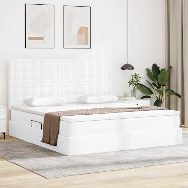 Voodiraam peatsiga koos madratsiga, puhas valge, 160 × 200 cm, kunstnahk — mudel 3371674