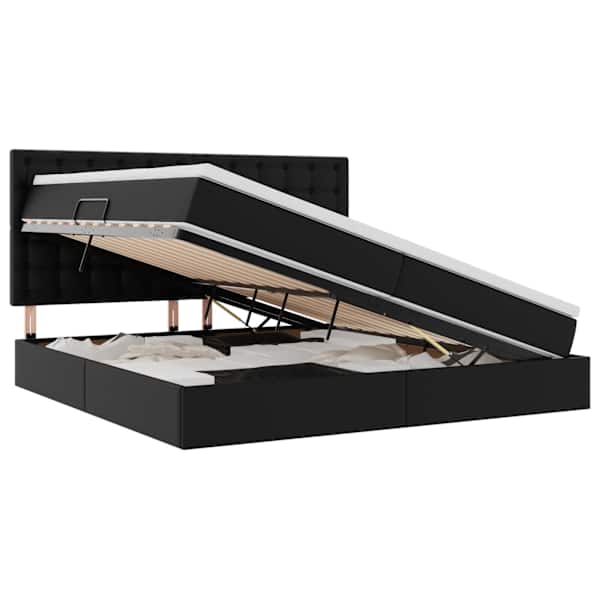Voodiraam peatsiga koos 2 madratsiga, must, 200 × 200 cm, kunstnahk — mudel 3371681