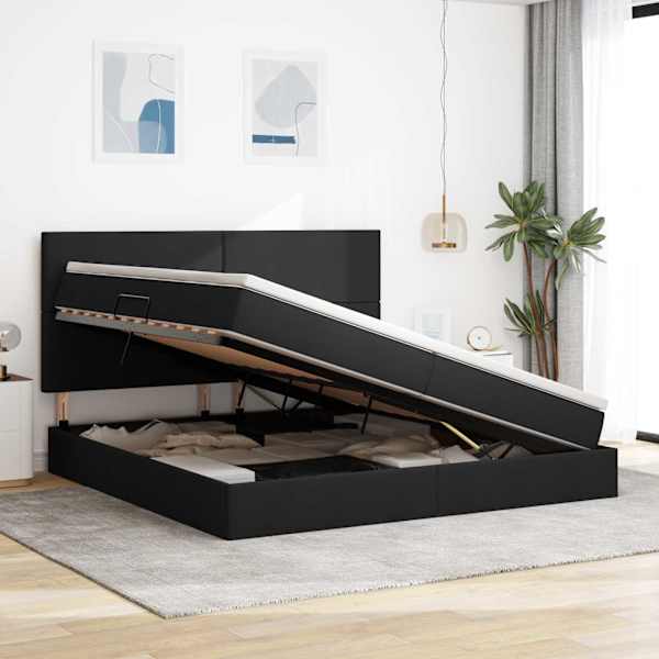 Panipaigaga voodiraam peatsiga koos 2 madratsiga, must, 200 × 200 cm, kangas — mudel 3371741