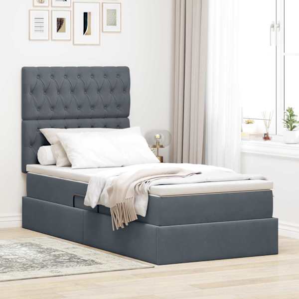 Panipaigaga voodiraam peatsiga koos madratsiga, tumehall, 90 × 190 cm, samet — mudel 3372058