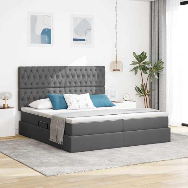 Voodiraam peatsiga koos 2 madratsiga, tumehall, 180 × 200 cm, kangas — mudel 3372210