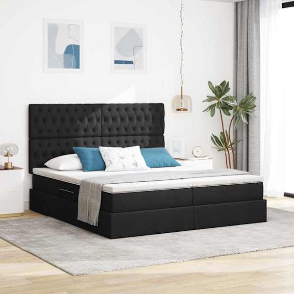 Voodiraam peatsiga koos 2 madratsiga, must, 200 × 200 cm, kangas — mudel 3372217