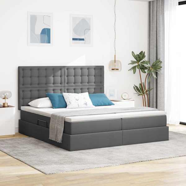 Voodiraam peatsiga koos 2 madratsiga, tumehall, 180 × 200 cm, kangas — mudel 3372222