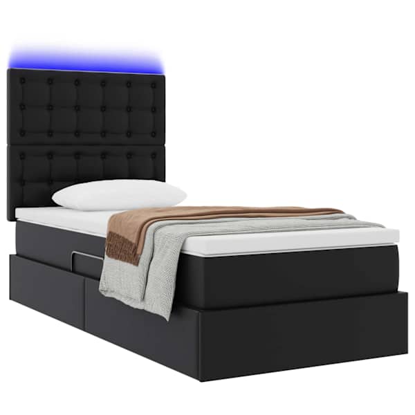 LED-valgustusega voodiraam peatsiga koos madratsiga, must, 90 × 190 cm, kunstnahk — mudel 3372281