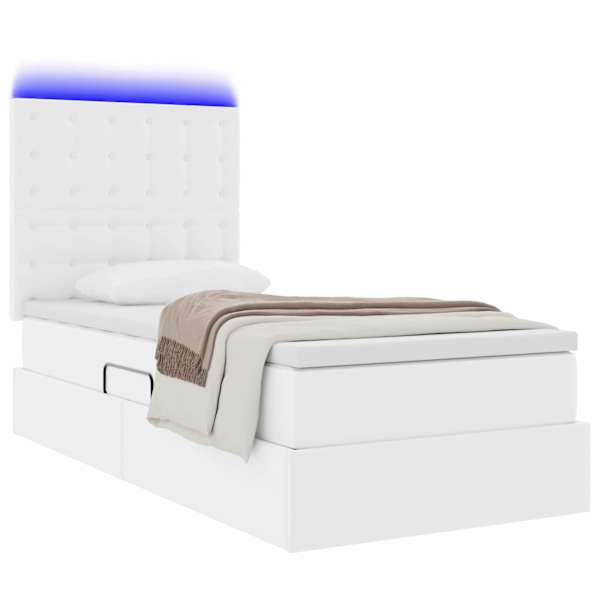 LED-valgustusega voodiraam peatsiga koos madratsiga, puhas valge, 90 × 200 cm, kunstnahk — mudel 3372286