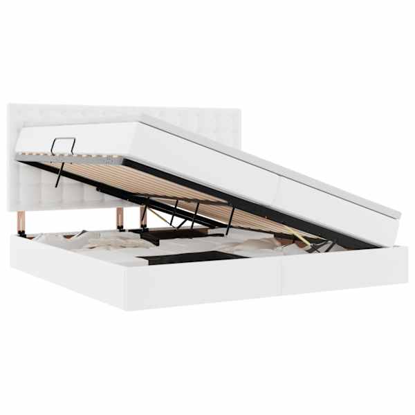 LED-valgustusega voodiraam peatsiga koos 2 madratsiga, puhas valge, 200 × 200 cm, kunstnahk — mudel 3372318